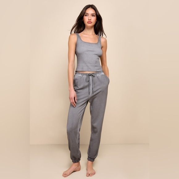 LULU’S Comfy Mindset Washed Charcoal Grey French Terry Joggers - Picture 4 of 7